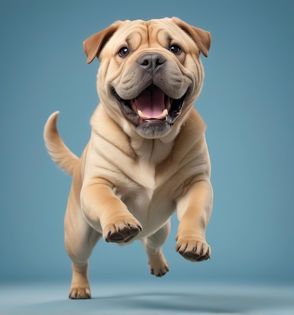 un perro está saltando en el aire con una gran sonrisa en su cara