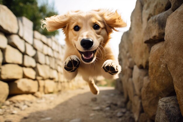 un perro está saltando en el aire con las orejas arriba