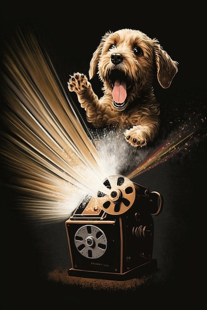 Un perro está saltando de un proyector de películas con una cámara de cine.
