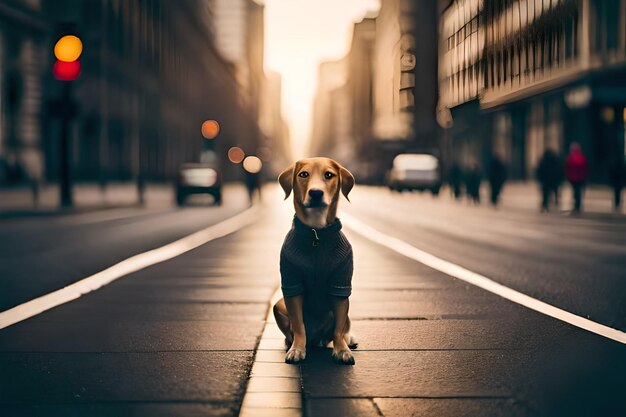 un perro está sentado en la acera de la ciudad.