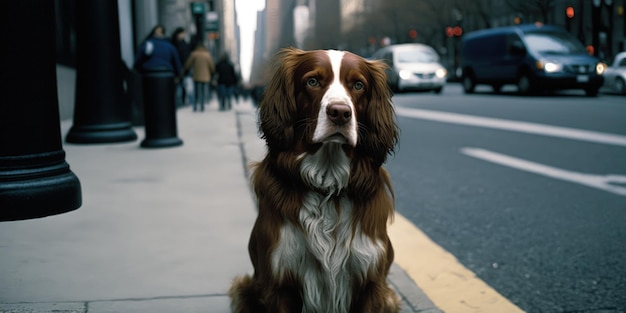 Un perro está sentado en la acera frente a una calle.