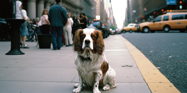 Un perro está sentado en la acera frente a un edificio con un taxi amarillo.