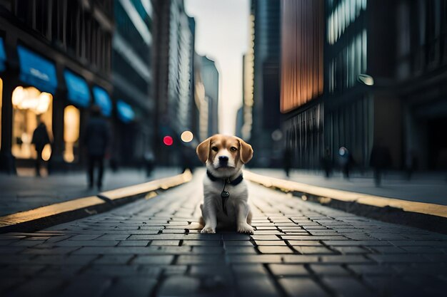 un perro está sentado en una acera de ladrillo.