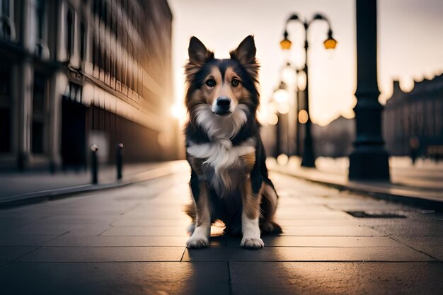 un perro está sentado en una acera en la puesta de sol.