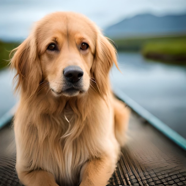 Un perro está sentado en un bote con la palabra en su cara.
