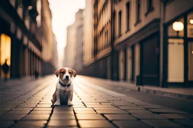 un perro está sentado en una calle adoquinada.