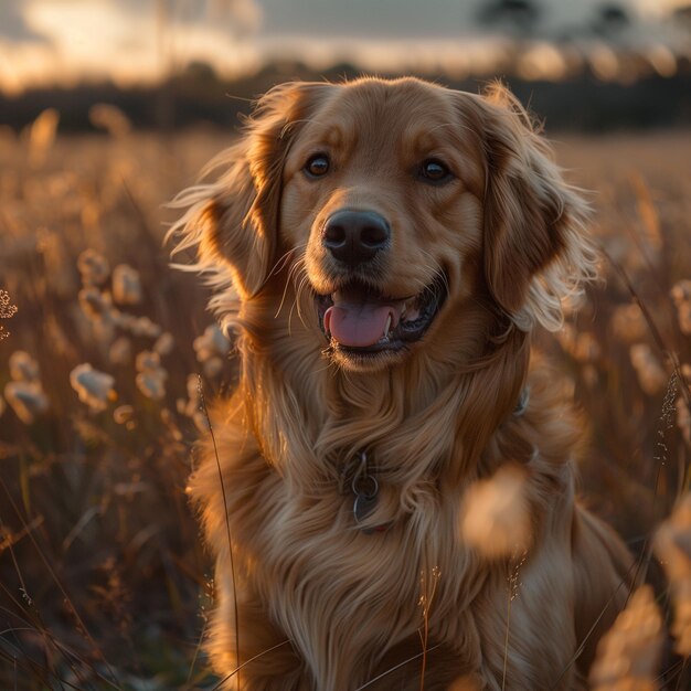 un perro está sentado en un campo con el sol detrás de él