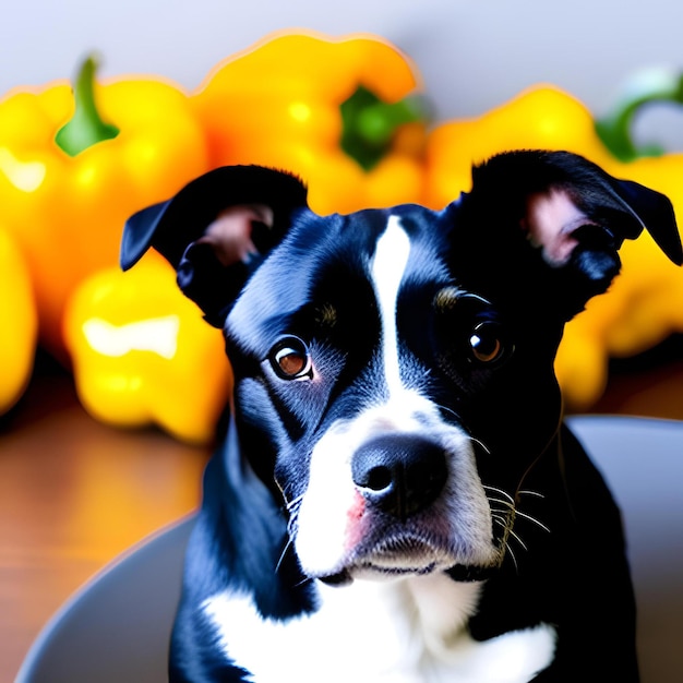 Un perro está sentado frente a unas calabazas amarillas.