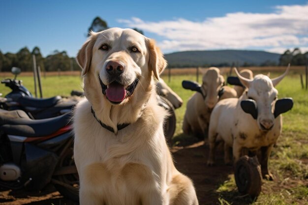 un perro está sentado frente a un rebaño de ovejas