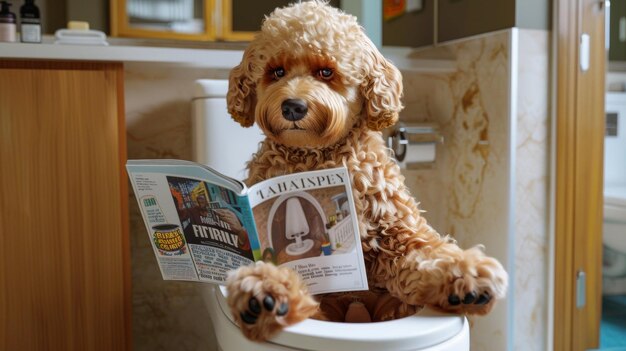 Un perro está sentado en un inodoro y leyendo una revista