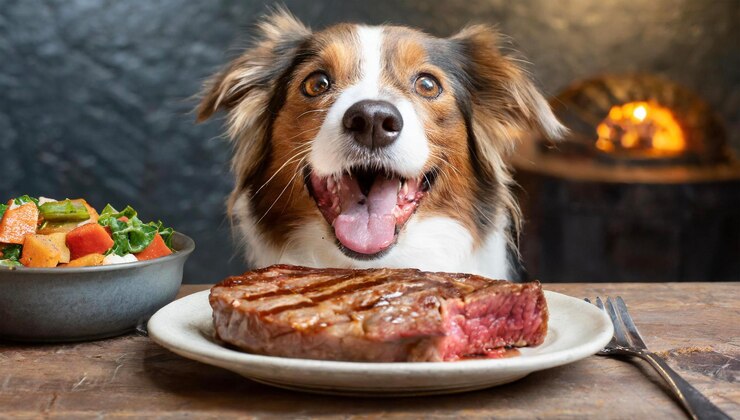 un perro está sentado en una mesa con un filete y un tazón de filete