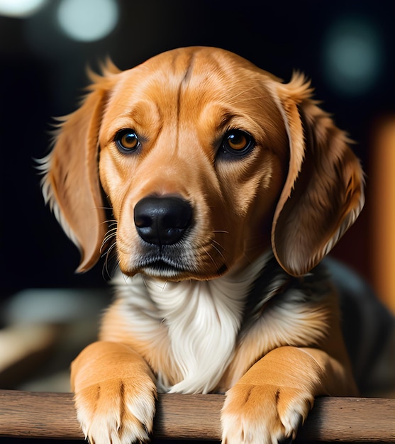 Un perro está sentado en una mesa con un fondo negro.