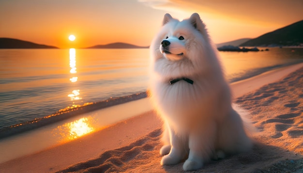 un perro está sentado en la playa y mirando el agua