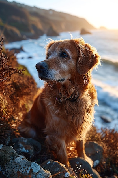 un perro está sentado en las rocas y mirando a la cámara