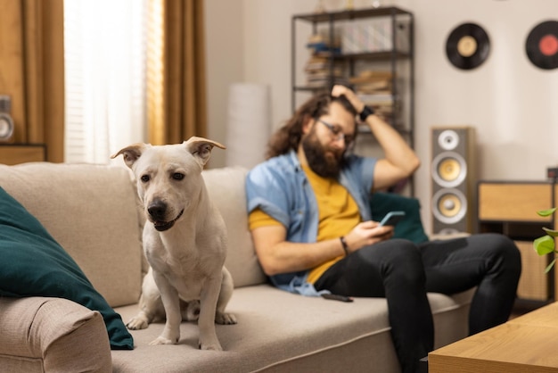 El perro está sentado en el sofá de la sala de estar en el fondo es su dueño quien recibió malas noticias o