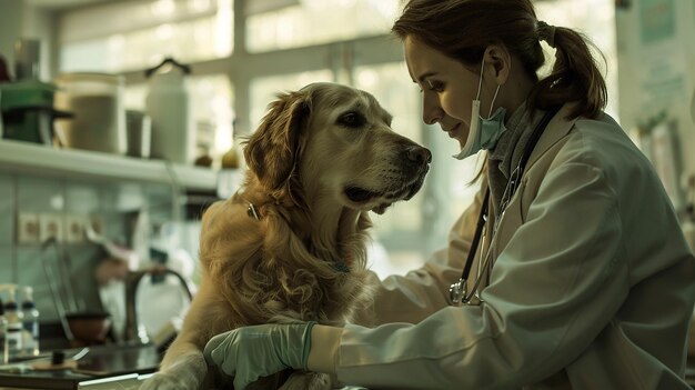 un perro está siendo examinado por un veterinario y una mujer