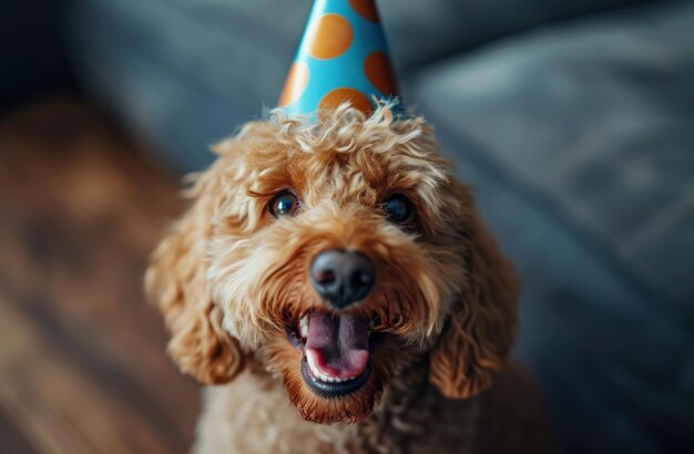 un perro está sonriendo y celebrando un cumpleaños perro de cumpleaños