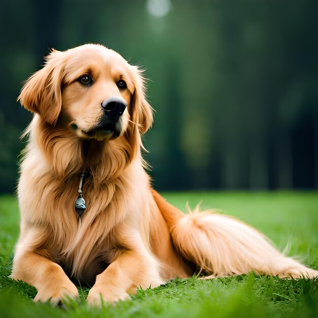 Un perro está tirado en la hierba y tiene una etiqueta en el collar.