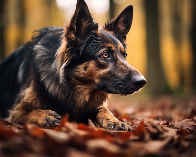 un perro está tirado en el suelo en el bosque