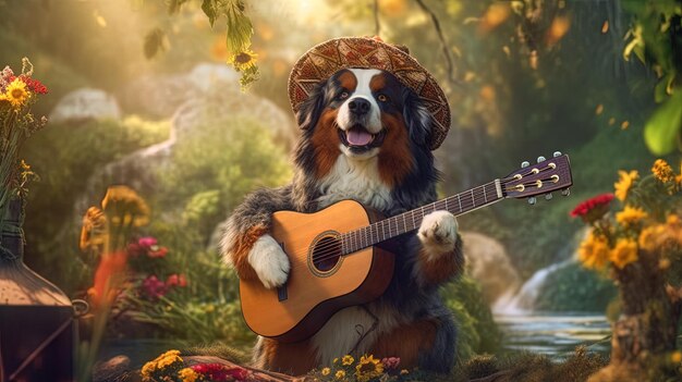 un perro está tocando una guitarra y un sombrero con una guitarra