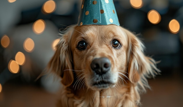un perro está usando un sombrero de fiesta