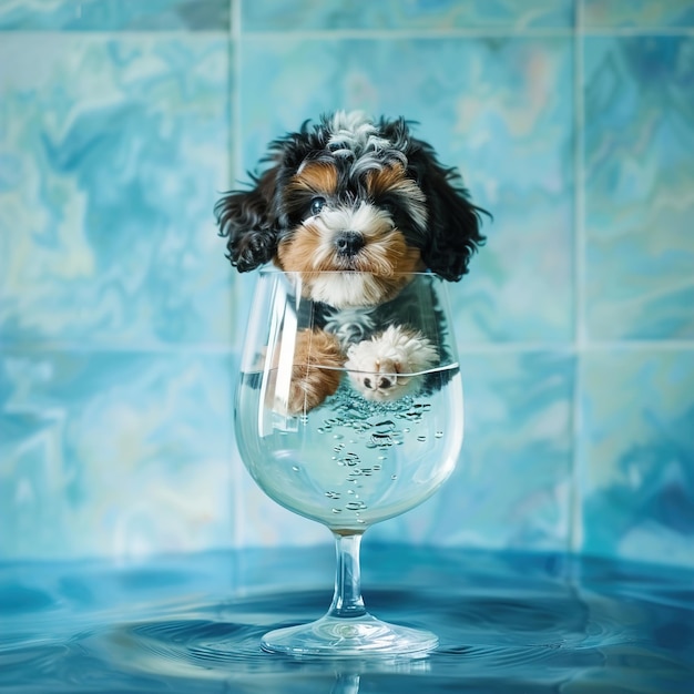 un perro está en un vaso de vino con agua y tiene un fondo azul