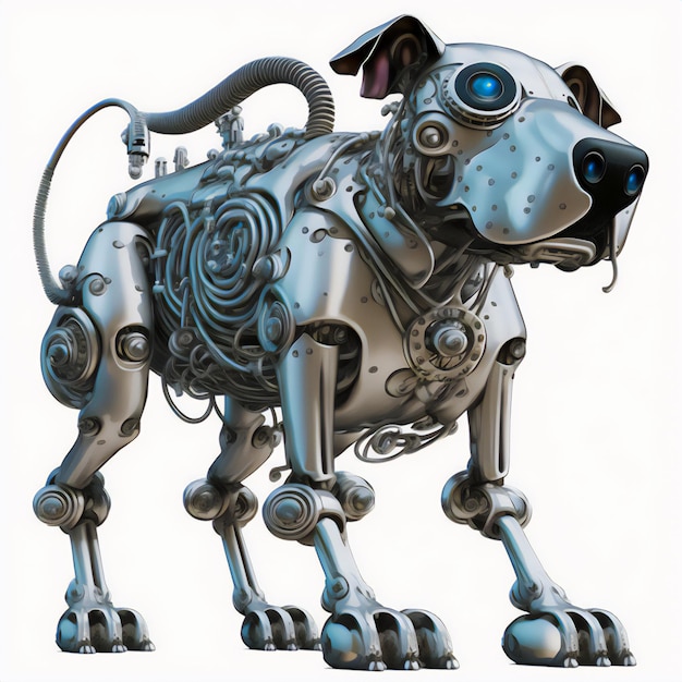 El perro de estancia en estilo robot en blanco es un símbolo de tecnología e innovación.