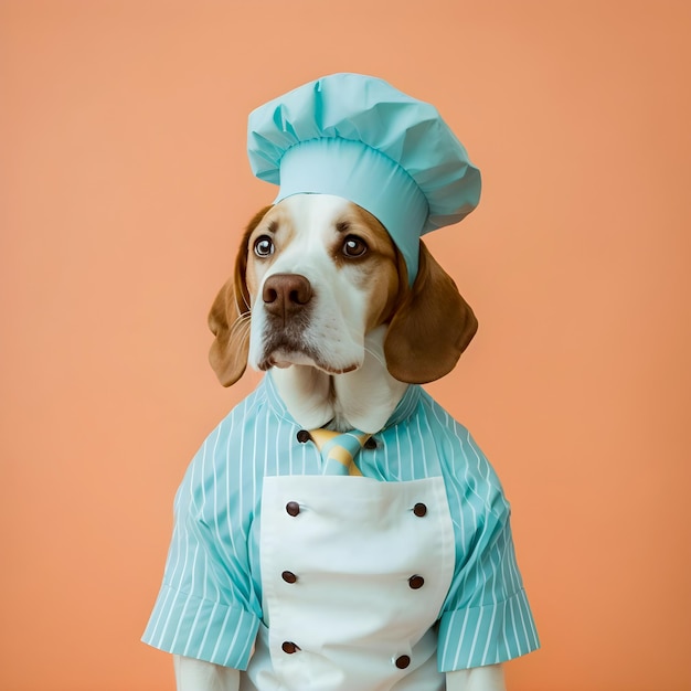 Perro estilo años 70 vestido con traje de chef.