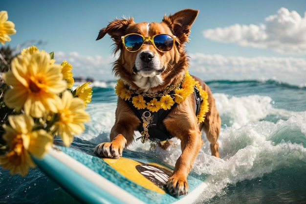 Un perro con estilo mientras surfea en la playa