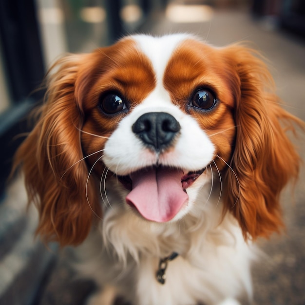 Un perro con una etiqueta en el cuello está sonriendo.