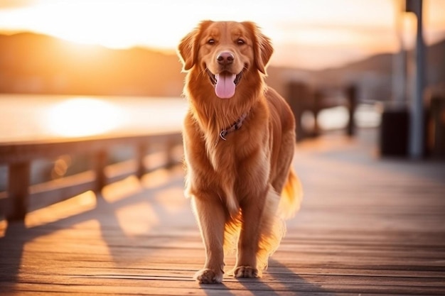 un perro con una etiqueta de nombre en su cuello está caminando por un puente