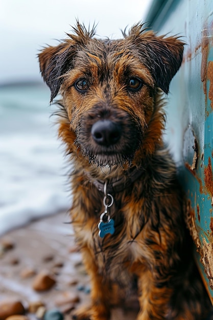 un perro con una etiqueta que dice "cita de barro" en él