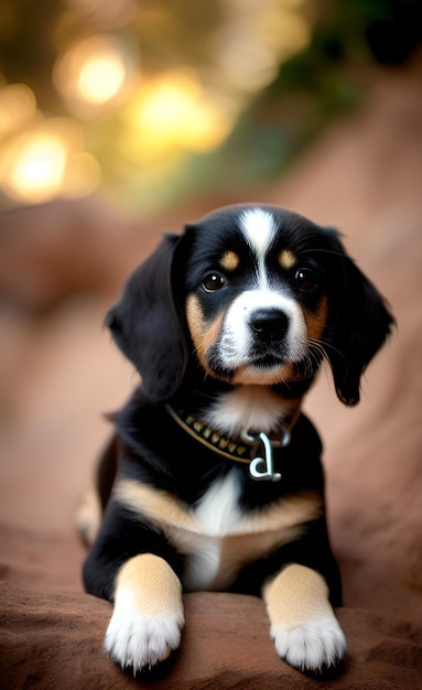 Un perro con una etiqueta en su collar