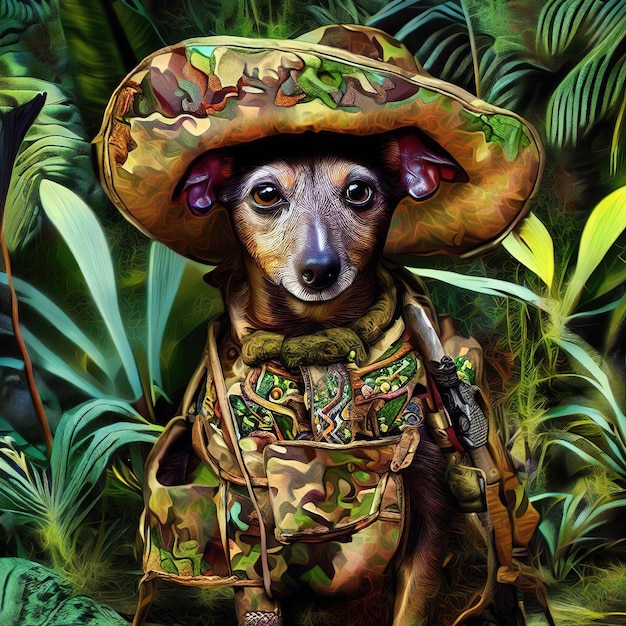 Perro extraño con ropa de caza en el retrato de la selva generado por Ai ilustración