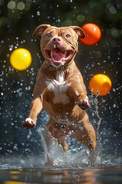 Perro exuberante disfrutando del agua jugando con globos de colores en un día soleado