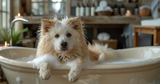 El perro favorito se baña en el baño Cuidando de un perro en casa Bañando al perro