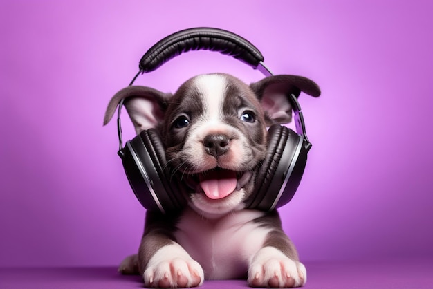 Foto perro feliz con auriculares sobre un fondo púrpura