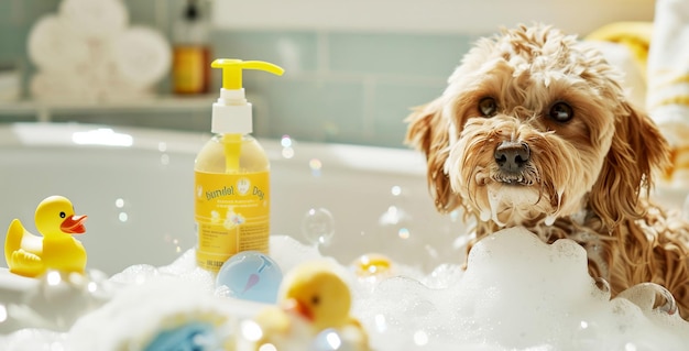 Perro feliz en un baño de burbujas con un pato amarillo y burbujas de jabón