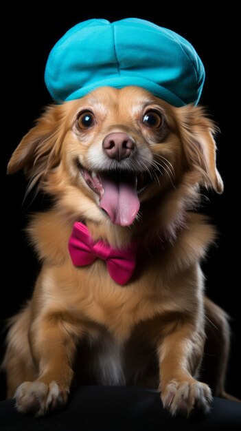 Un perro feliz con una boina azul y una corbata rosa