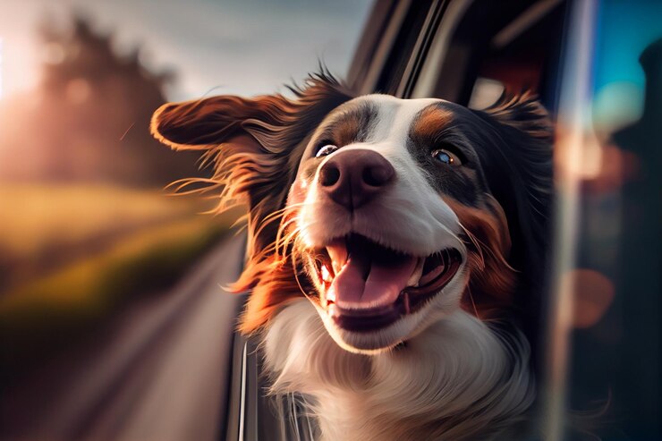 Perro feliz con la cabeza fuera de la ventana del coche con ai generativa