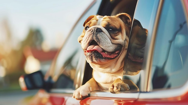 Perro feliz con la cabeza fuera de la ventana de un coche