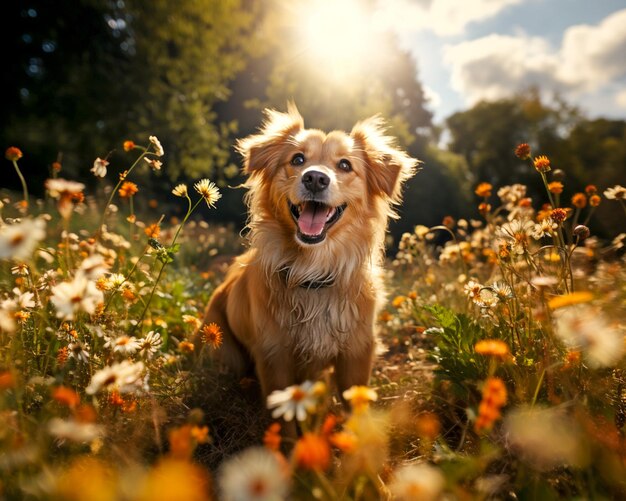 Perro feliz camina en el patio de una casa de campo