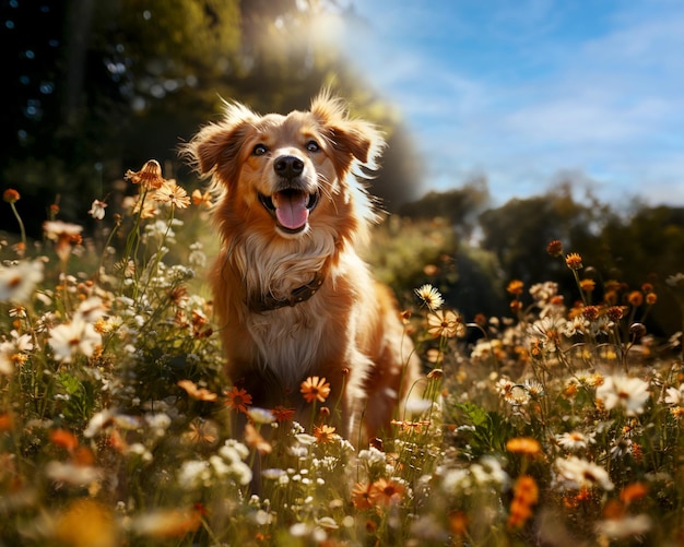 Perro feliz camina en el patio de una casa de campo