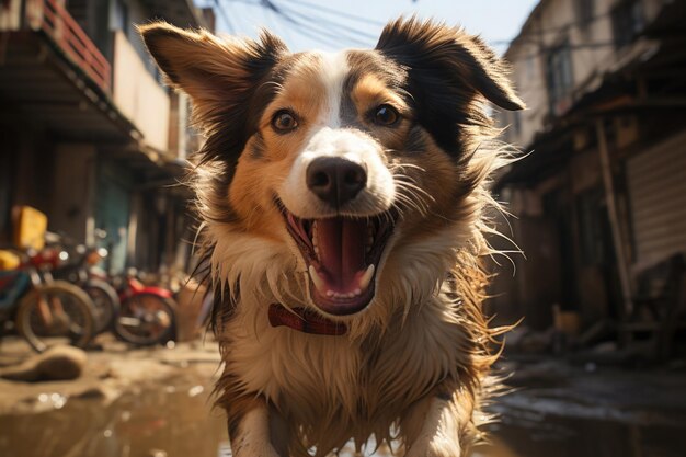 Perro feliz caminando por la calle en el día de verano Mascota activa loca saltando al aire libre con emoción positiva