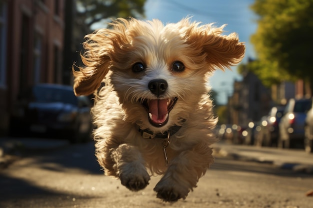 Perro feliz caminando por la calle en el día de verano Mascota activa loca saltando al aire libre con emoción positiva