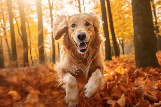 Perro feliz corriendo en el bosque de otoño