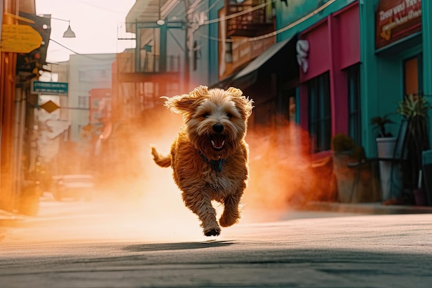 Foto perro feliz corriendo por las calles de la ciudad ia generativa