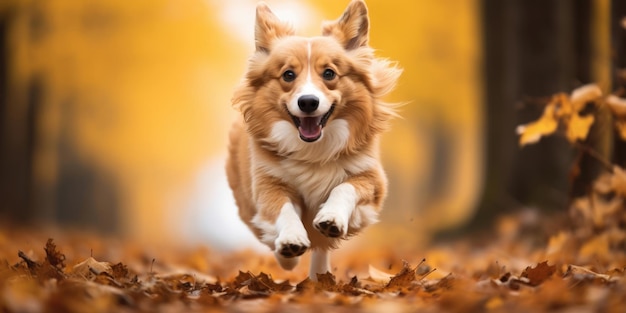 Perro feliz corriendo caminando en las hojas otoño otoño banner