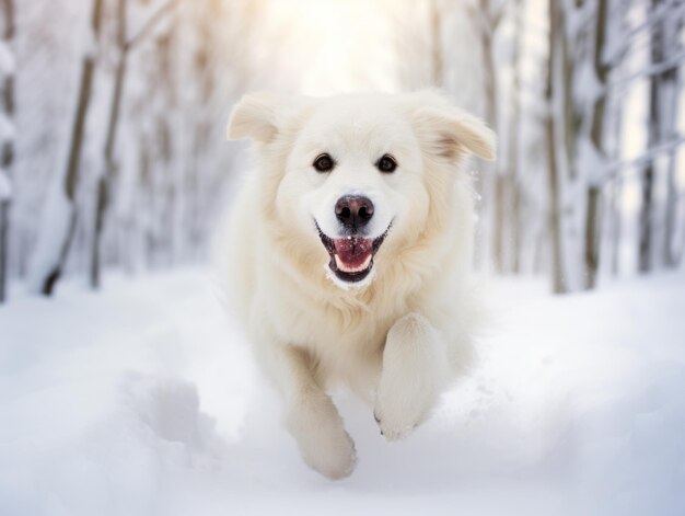 Perro feliz corriendo por la nieve