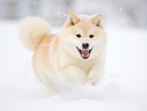 Perro feliz corriendo por la nieve